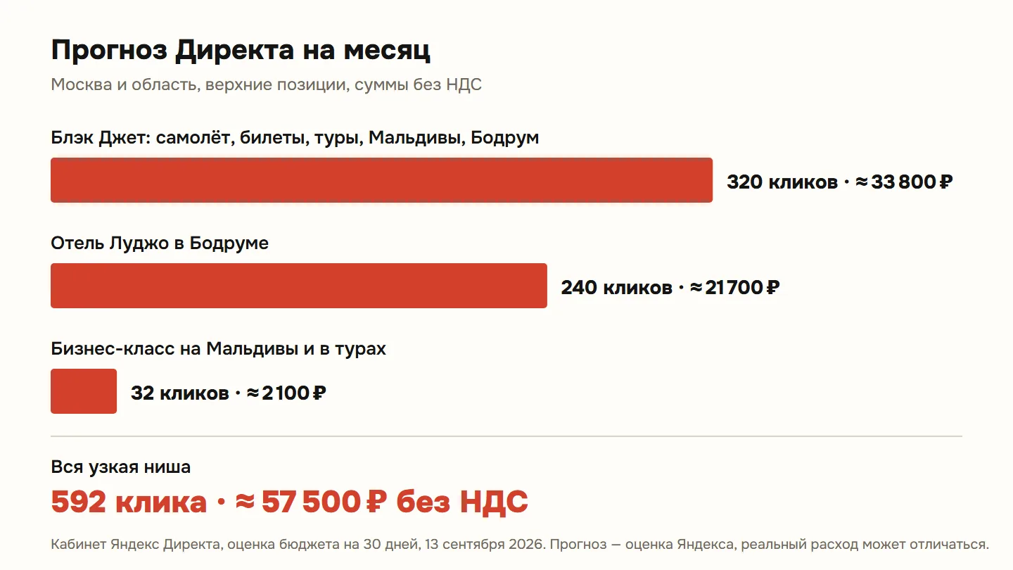 Прогноз Директа на месяц: Блэк Джет — 320 кликов, около 33 800 рублей; отель Луджо — 240 кликов, около 21 700 рублей; бизнес-класс — 32 клика, около 2 100 рублей; вся ниша — 592 клика, около 57 500 рублей без НДС